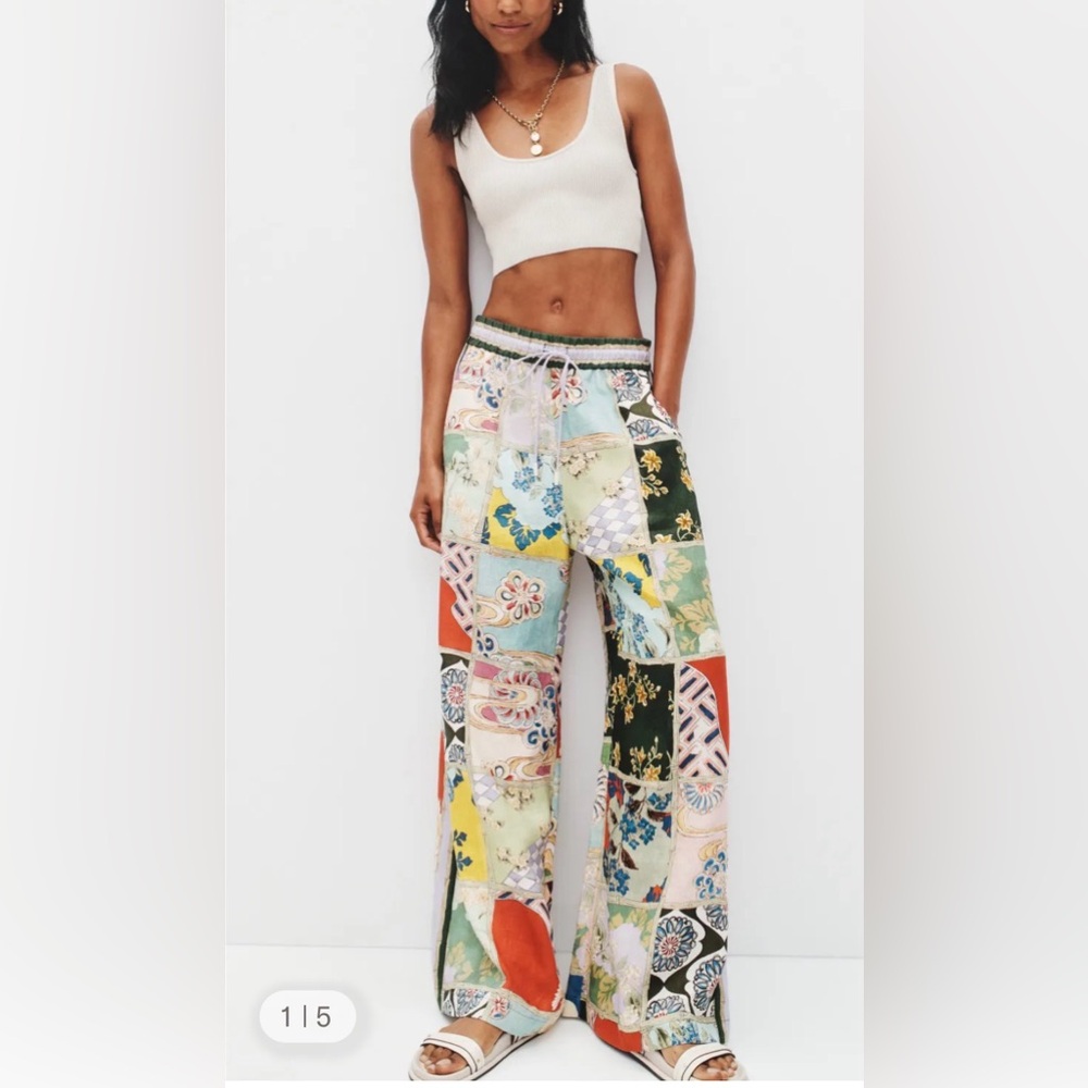 Micas Womens Floral Print High Waisted Straight Leg Pants Elastic Waist Pocke